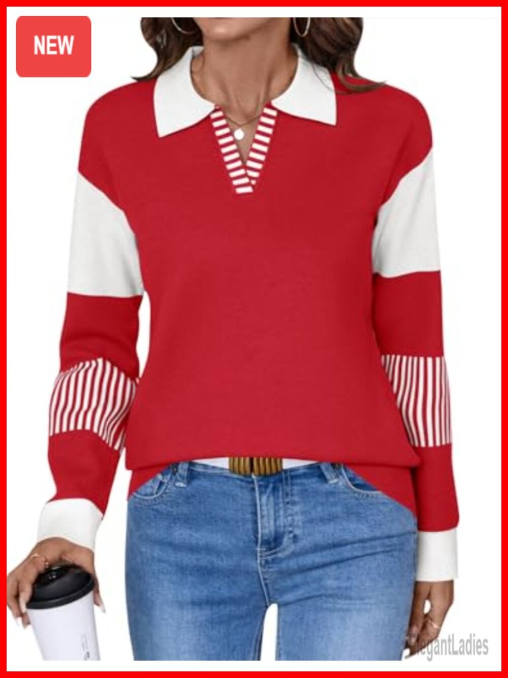 V Neck Long Sleeve Striped Knit Pullover Sweater